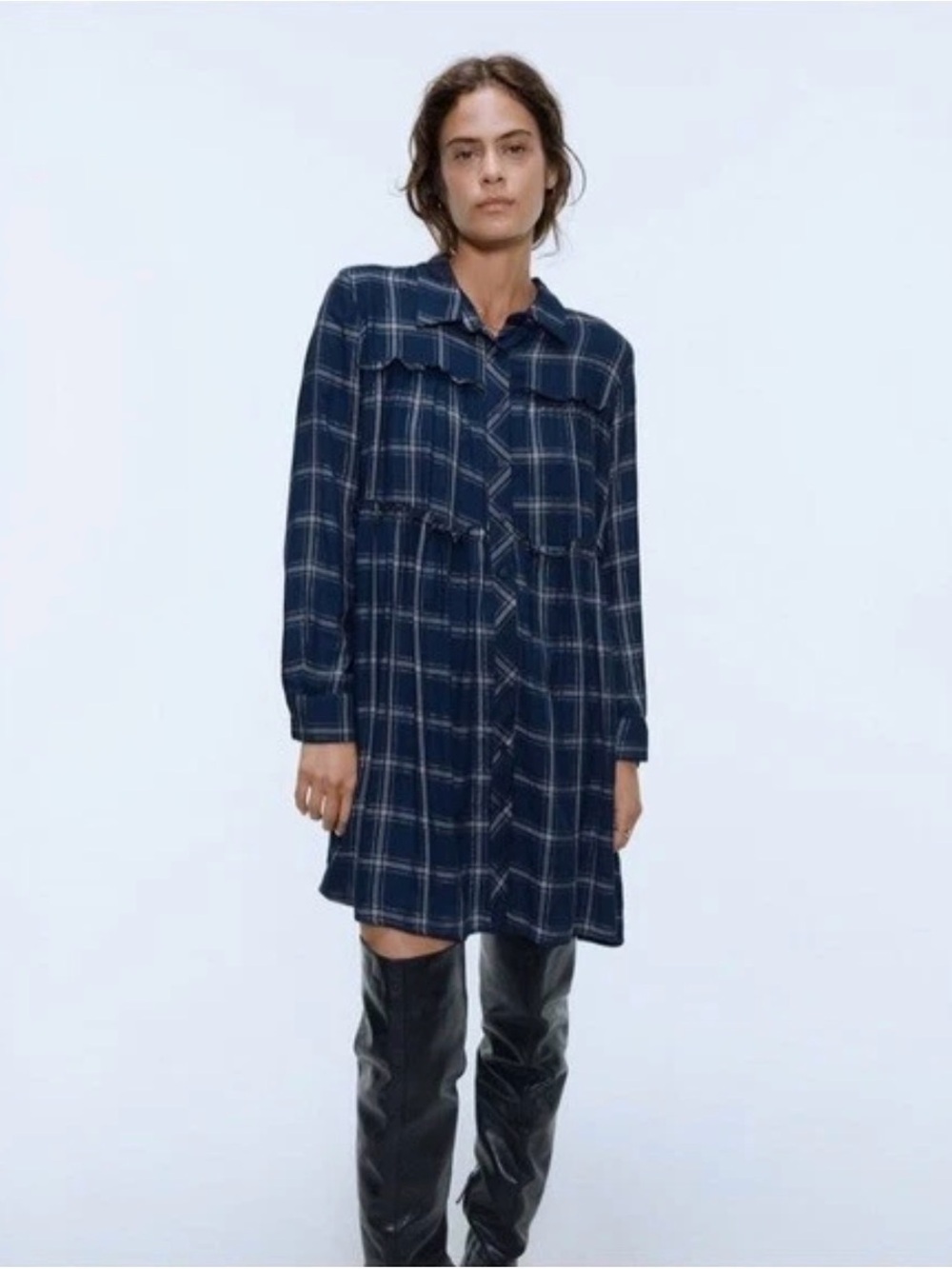 Zara Navy Blue Metallic Ruffle Plaid Mini Shirt Dress